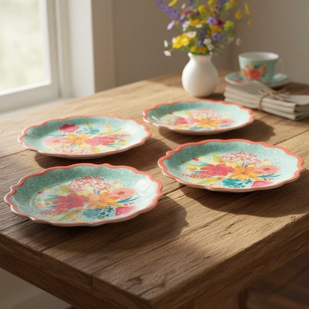 Pioneer Woman 11" Sunny Days Coral Floral Melamine Dinner Plates Set Of 4